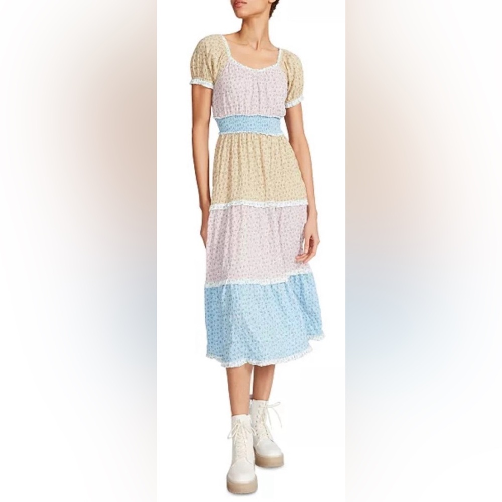 Betsey Johnson Ditsy Floral Colourblock Tiered Midi Dress, sz S